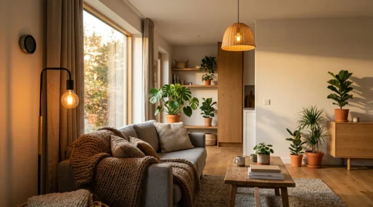 Intérieur moderne avec équipements économes en énergie et thermomètre affichant 19°C