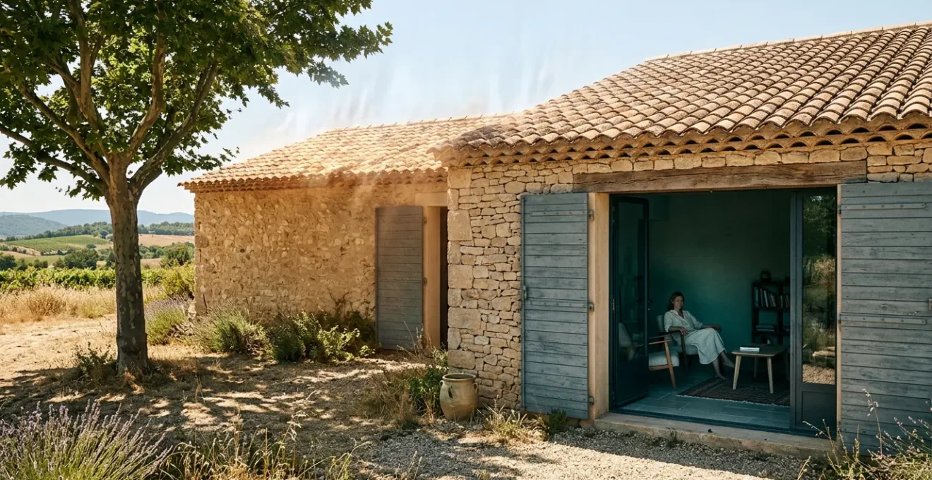 Maison bien isolée restant fraîche pendant une journée de canicule avec des matériaux à fort déphasage thermique