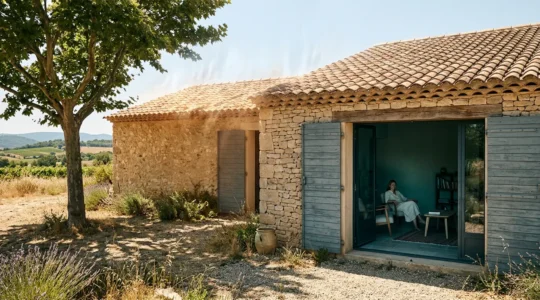 Maison bien isolée restant fraîche pendant une journée de canicule avec des matériaux à fort déphasage thermique
