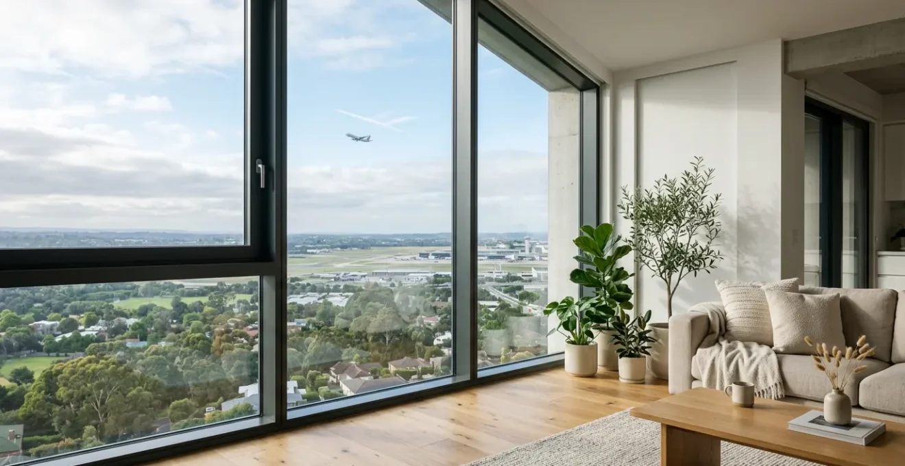 Vue intérieure d'une maison moderne avec fenêtres triple vitrage donnant sur un paysage avec avions, silencieuse et paisible