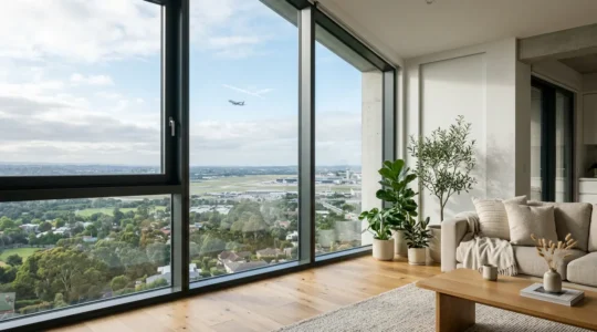 Vue intérieure d'une maison moderne avec fenêtres triple vitrage donnant sur un paysage avec avions, silencieuse et paisible