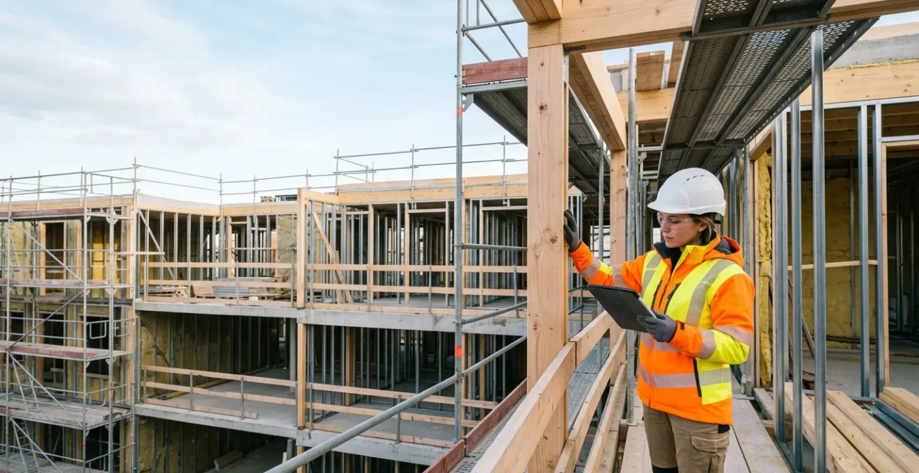 Professionnel du bâtiment vérifiant la conformité d'un chantier avec les documents DTU en arrière-plan