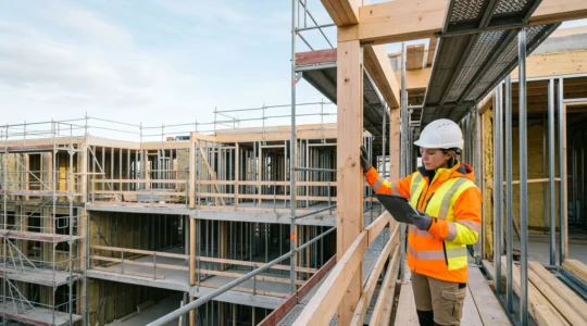 Professionnel du bâtiment vérifiant la conformité d'un chantier avec les documents DTU en arrière-plan