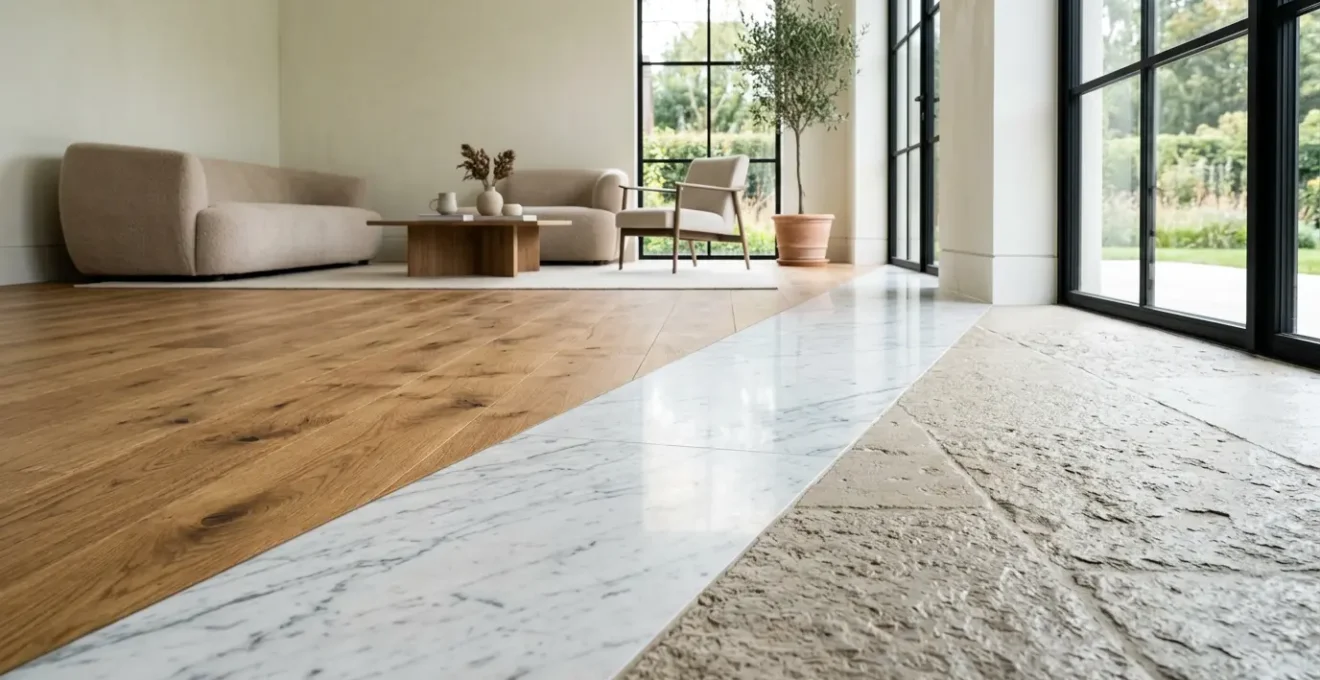 Comparaison visuelle de trois sols nobles dans un salon élégant : parquet massif, marbre veiné et pierre naturelle