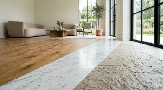 Comparaison visuelle de trois sols nobles dans un salon élégant : parquet massif, marbre veiné et pierre naturelle