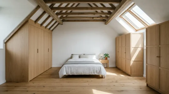 Vue d'une chambre mansardée avec un placard sur mesure intégré sous la pente du toit en bois clair