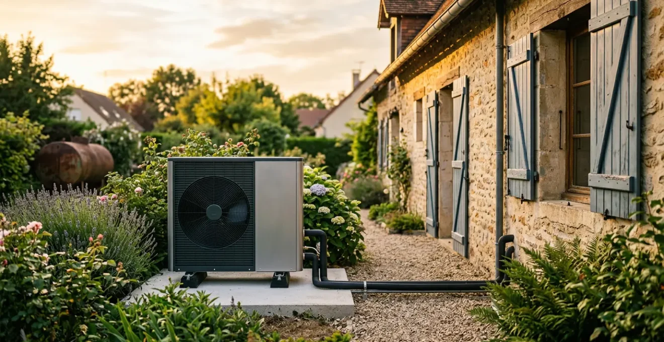 Installation moderne d'une pompe à chaleur air-eau dans le jardin d'une maison française avec architecture traditionnelle