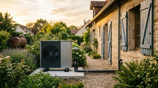 Installation moderne d'une pompe à chaleur air-eau dans le jardin d'une maison française avec architecture traditionnelle