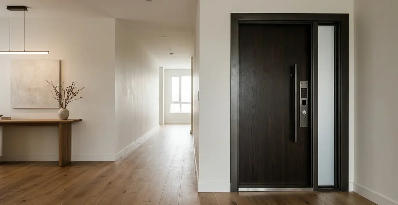 Vue d'une porte d'entrée d'appartement moderne sécurisée avec serrure multipoints vue depuis l'intérieur