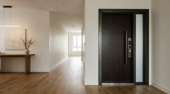 Vue d'une porte d'entrée d'appartement moderne sécurisée avec serrure multipoints vue depuis l'intérieur