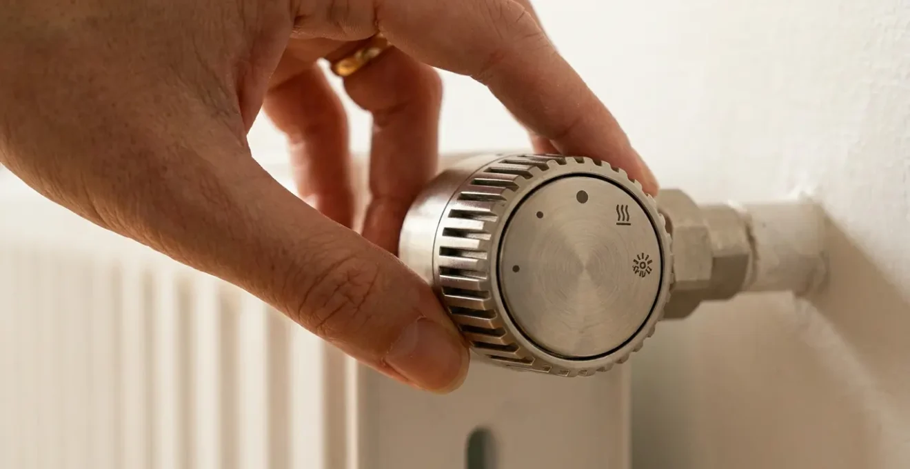 Main ajustant une vanne thermostatique sur un radiateur moderne dans un intérieur français lumineux