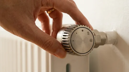 Main ajustant une vanne thermostatique sur un radiateur moderne dans un intérieur français lumineux