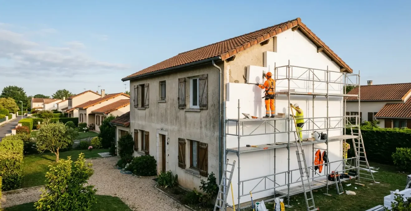 Maison en cours d'isolation thermique par l'extérieur avec échafaudage et matériaux isolants