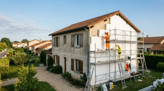 Maison en cours d'isolation thermique par l'extérieur avec échafaudage et matériaux isolants