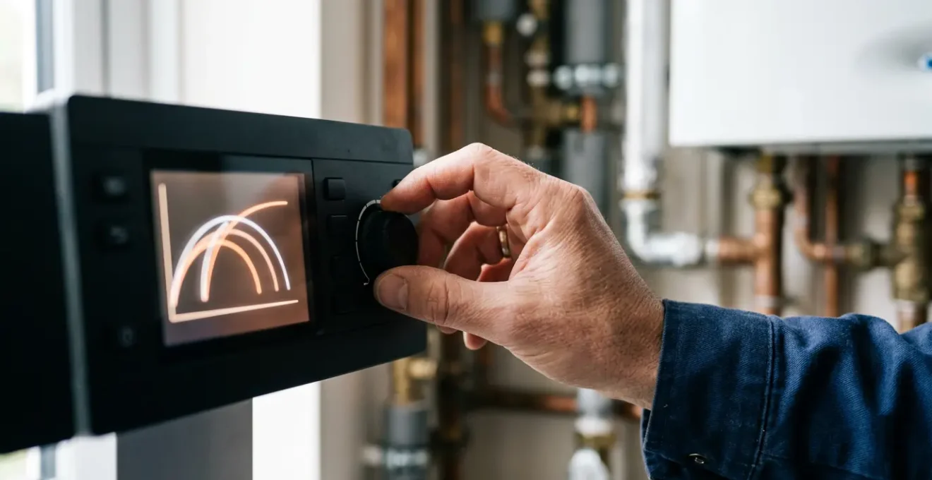 Main réglant la courbe de chauffe sur l'écran digital d'une chaudière moderne