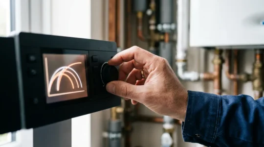 Main réglant la courbe de chauffe sur l'écran digital d'une chaudière moderne