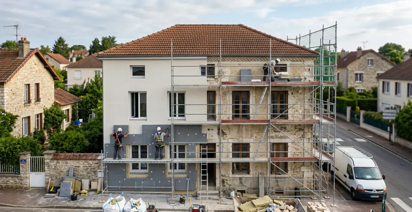 Maison française en cours de rénovation énergétique avec échafaudages et artisans travaillant sur l'isolation extérieure