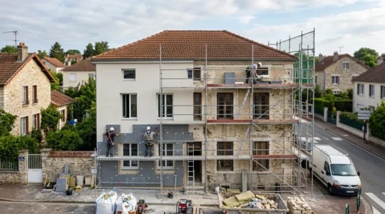 Maison française en cours de rénovation énergétique avec échafaudages et artisans travaillant sur l'isolation extérieure