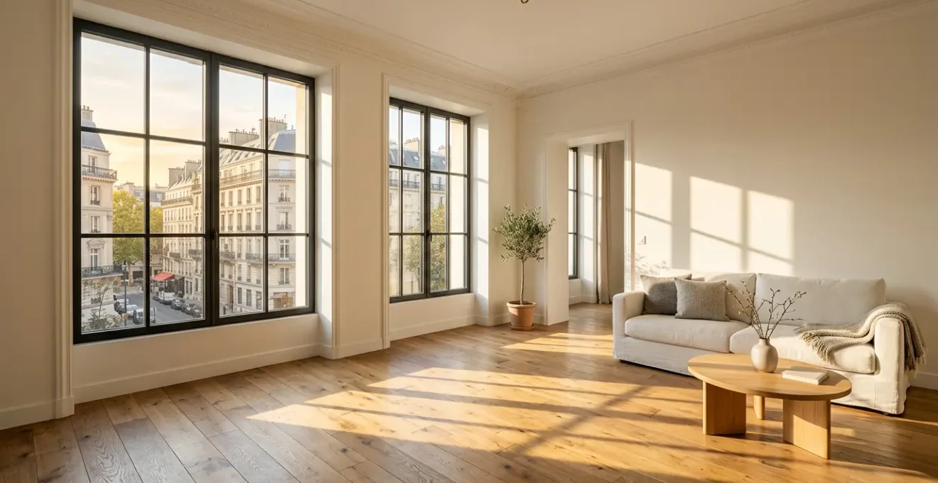 Intérieur d'une maison française avec des fenêtres modernes laissant entrer une lumière naturelle abondante