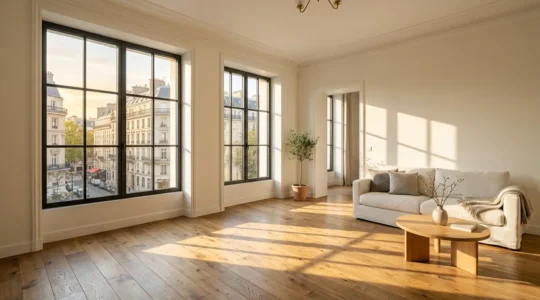 Intérieur d'une maison française avec des fenêtres modernes laissant entrer une lumière naturelle abondante