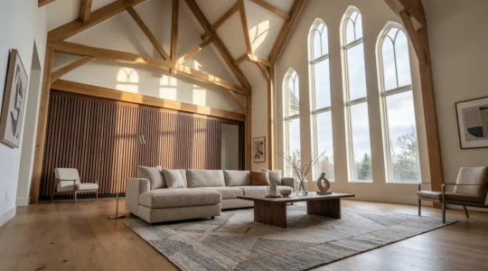 Vue d'un salon cathédrale spacieux avec panneaux acoustiques décoratifs en bois et tissu, ambiance chaleureuse et épurée