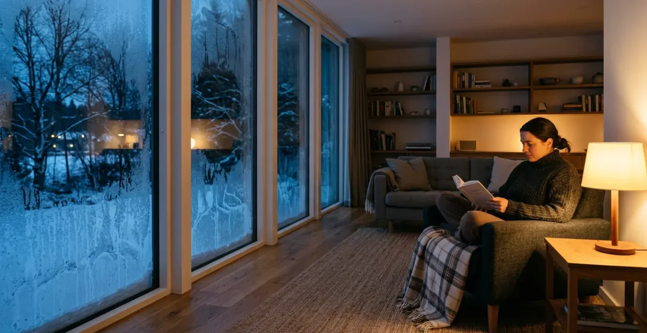 Salon moderne avec gradient de température visible montrant l'effet paroi froide près des fenêtres