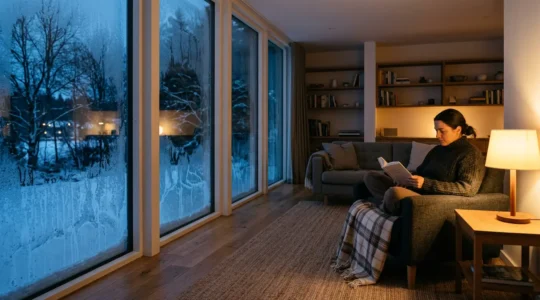 Salon moderne avec gradient de température visible montrant l'effet paroi froide près des fenêtres