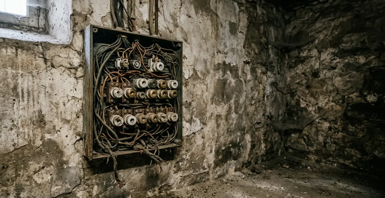 Ancien tableau électrique à fusibles en porcelaine nécessitant une mise en sécurité dans une maison française