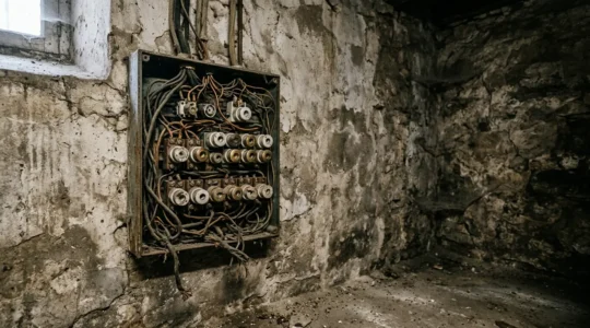 Ancien tableau électrique à fusibles en porcelaine nécessitant une mise en sécurité dans une maison française