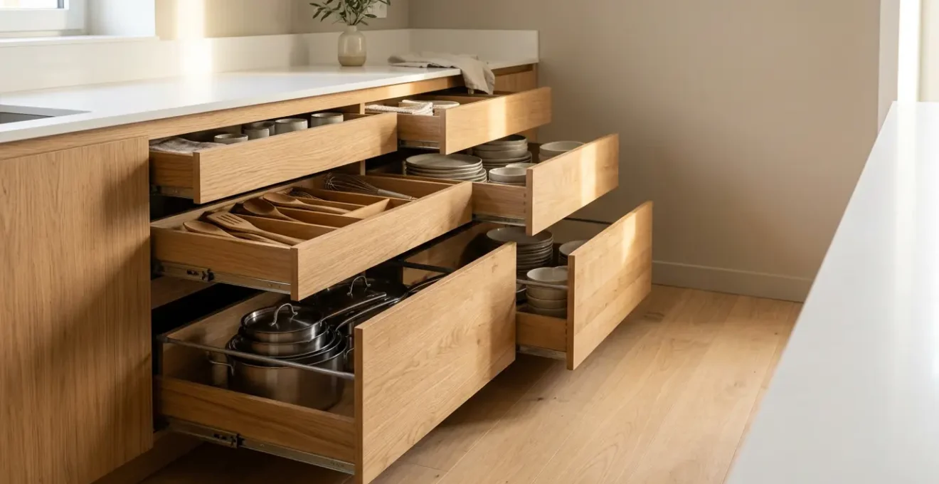 Vue d'angle d'une cuisine moderne avec tiroirs coulissants ouverts révélant une organisation méthodique des ustensiles et casseroles