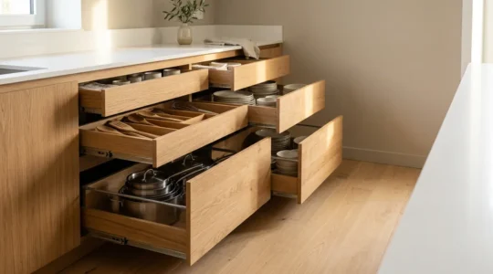 Vue d'angle d'une cuisine moderne avec tiroirs coulissants ouverts révélant une organisation méthodique des ustensiles et casseroles