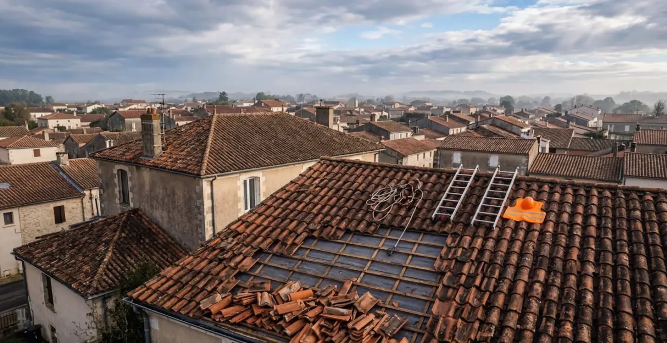Toiture endommagée avec tuiles déplacées après tempête et équipements de sécurité