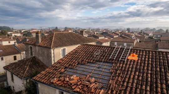 Toiture endommagée avec tuiles déplacées après tempête et équipements de sécurité