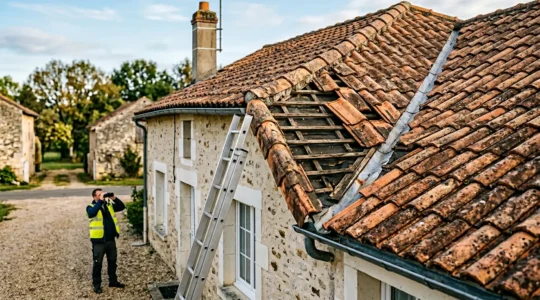 Vue d'une toiture française traditionnelle en tuiles terre cuite avec quelques tuiles déplacées après tempête, inspection sécurisée depuis le sol