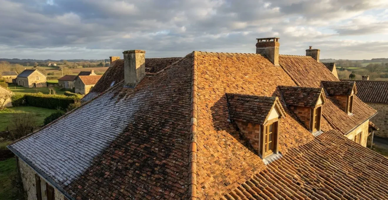 Vue aérienne d'une toiture française traditionnelle avec tuiles en terre cuite sous différentes conditions climatiques