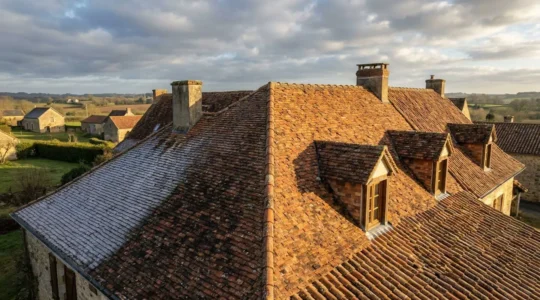 Vue aérienne d'une toiture française traditionnelle avec tuiles en terre cuite sous différentes conditions climatiques