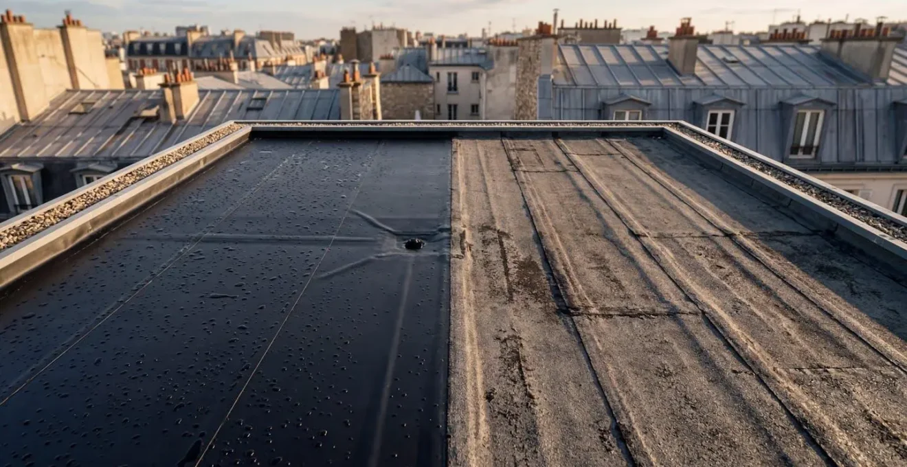 Vue aérienne d'une toiture plate moderne montrant deux sections distinctes d'étanchéité, l'une avec membrane EPDM et l'autre avec bitume, sous lumière naturelle