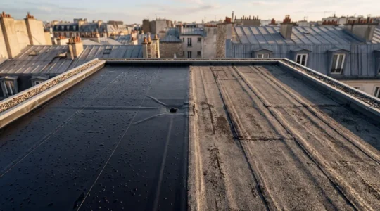 Vue aérienne d'une toiture plate moderne montrant deux sections distinctes d'étanchéité, l'une avec membrane EPDM et l'autre avec bitume, sous lumière naturelle