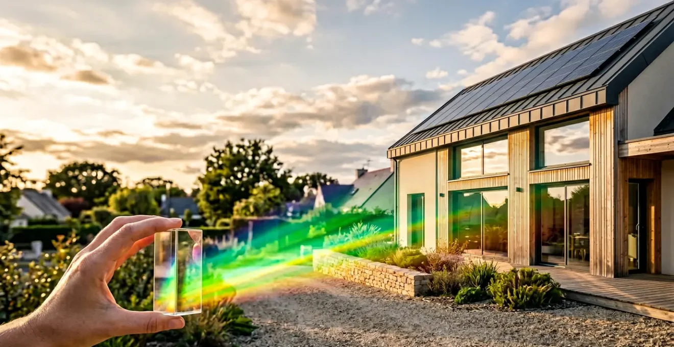 Vue d'une maison moderne avec étiquette énergétique classe A en relief sur la façade, lumière naturelle valorisante