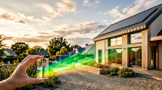 Vue d'une maison moderne avec étiquette énergétique classe A en relief sur la façade, lumière naturelle valorisante