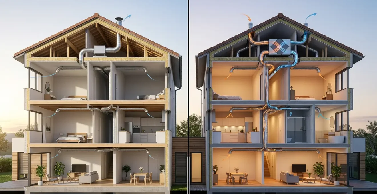 Comparaison visuelle entre système VMC simple flux et double flux dans une maison moderne française pour une meilleure qualité d'air
