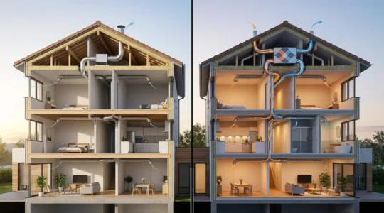 Comparaison visuelle entre système VMC simple flux et double flux dans une maison moderne française pour une meilleure qualité d'air