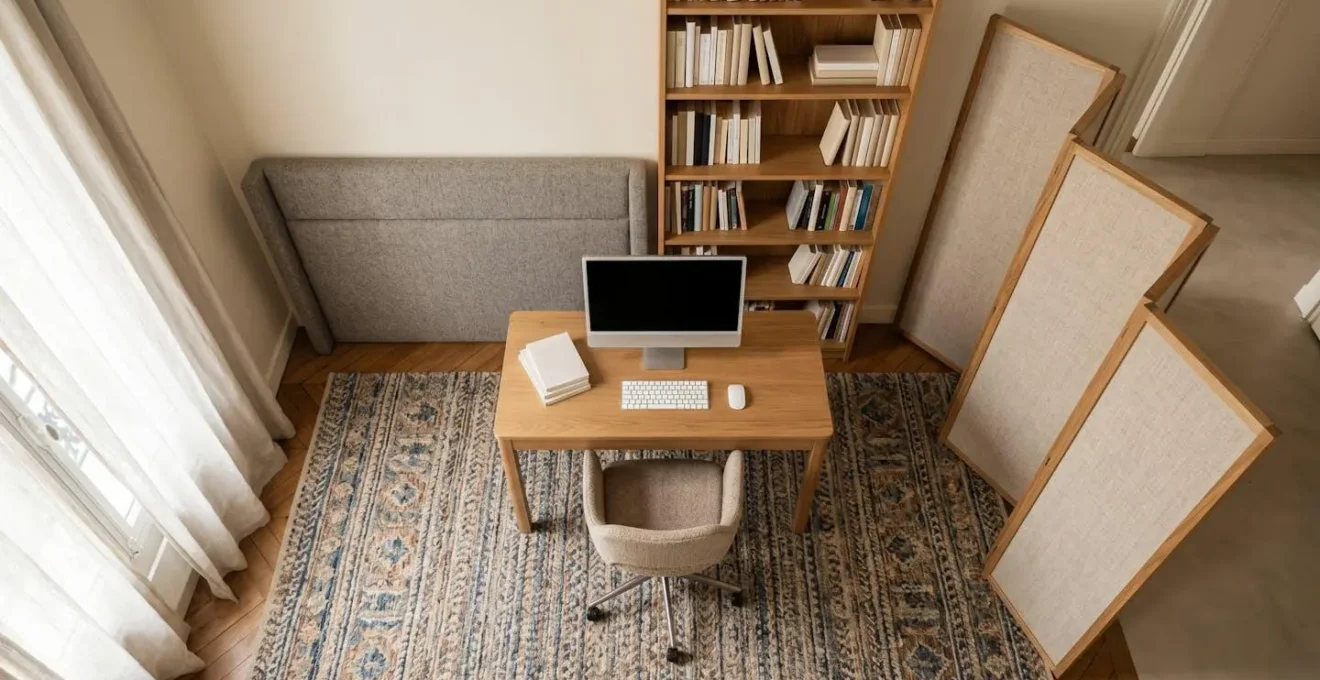 Vue aérienne d'un bureau avec disposition stratégique des meubles pour l'acoustique