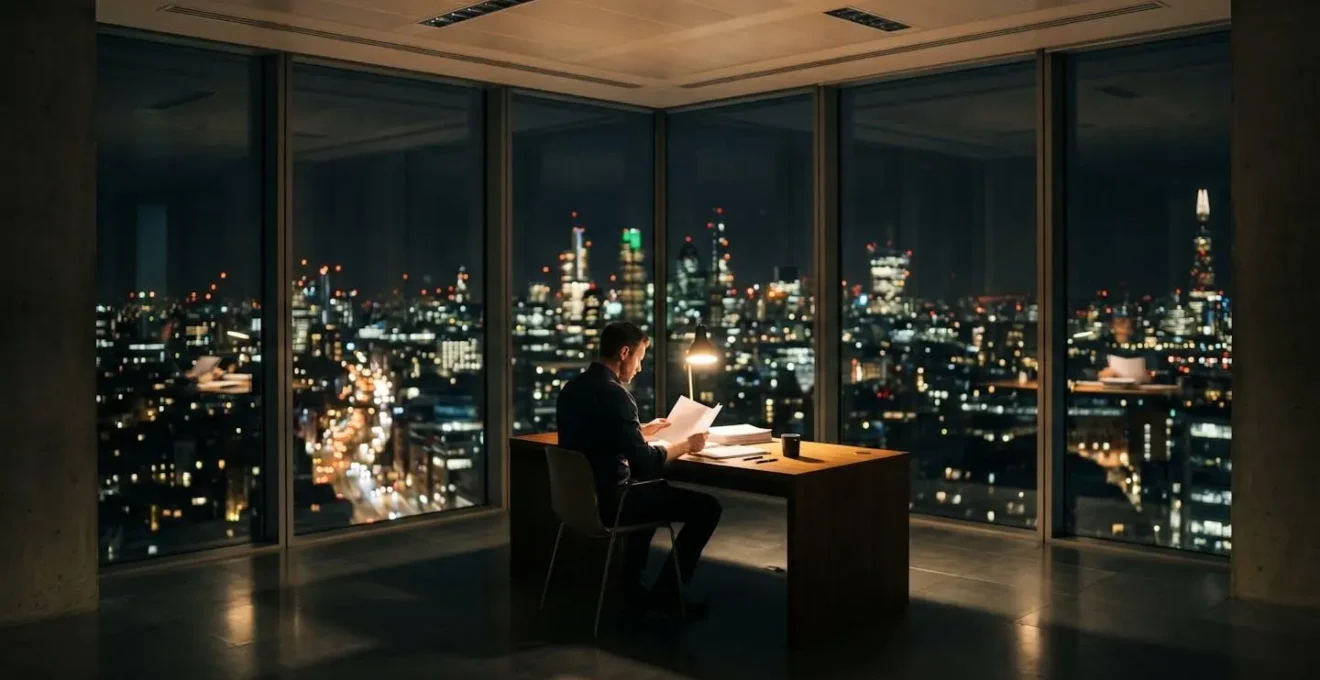 Professionnel consultant des documents d'assurance dans un bureau la nuit, symbolisant la gestion d'un sinistre.