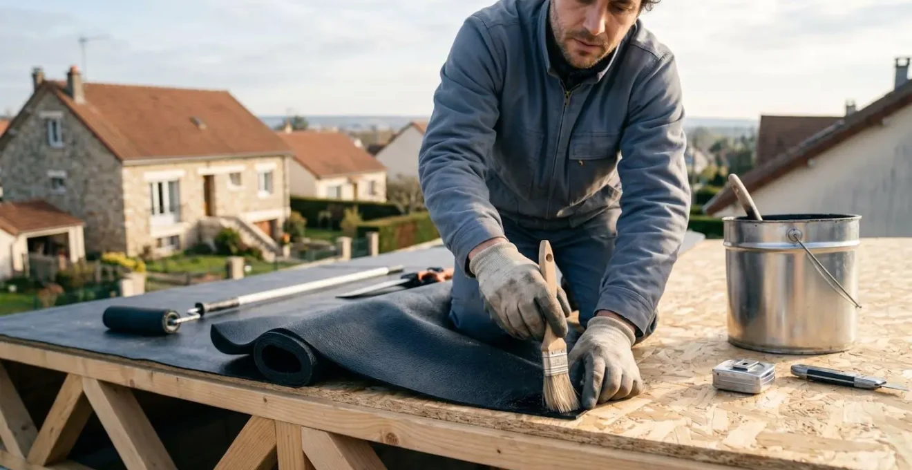 Autoconstructeur appliquant une membrane EPDM sur une toiture plate avec technique de collage à froid
