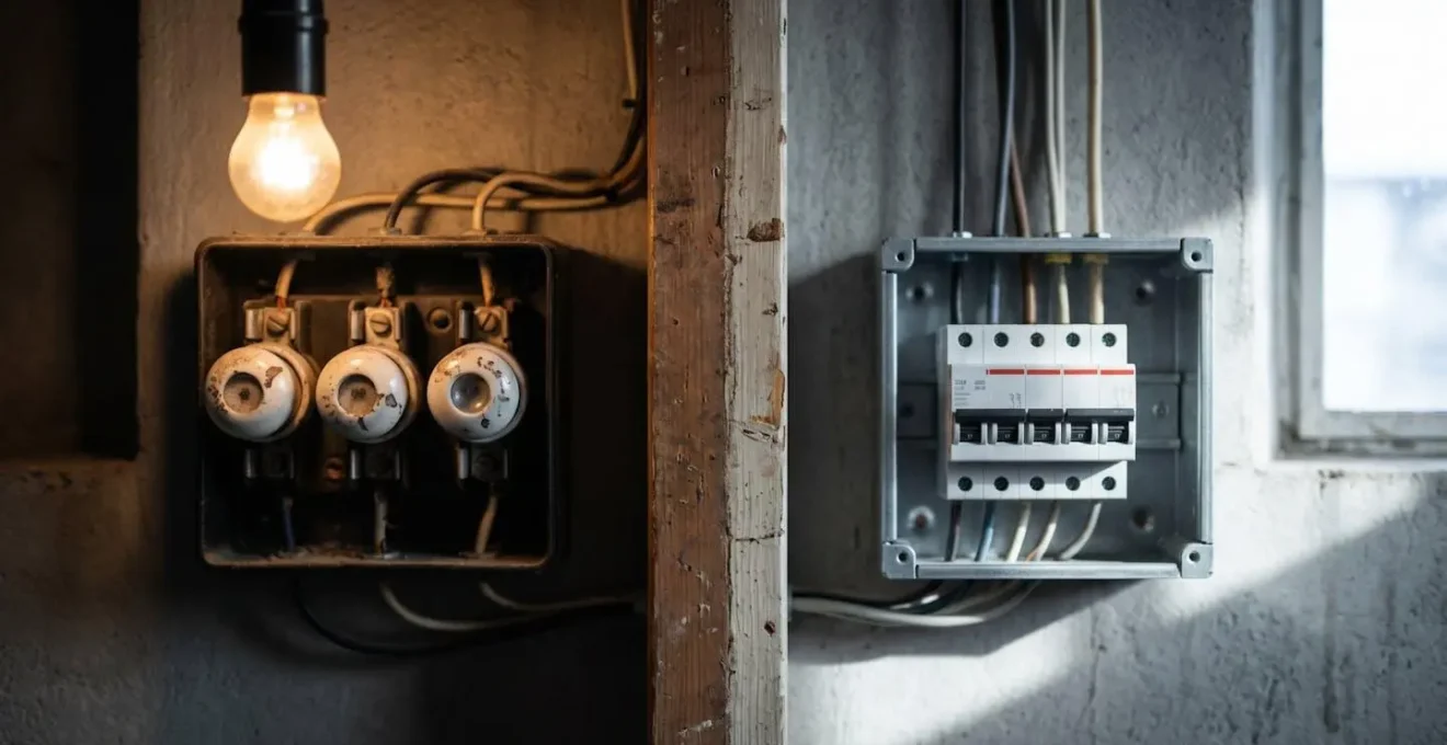 Comparaison avant-après d'un tableau électrique rénové dans une maison française