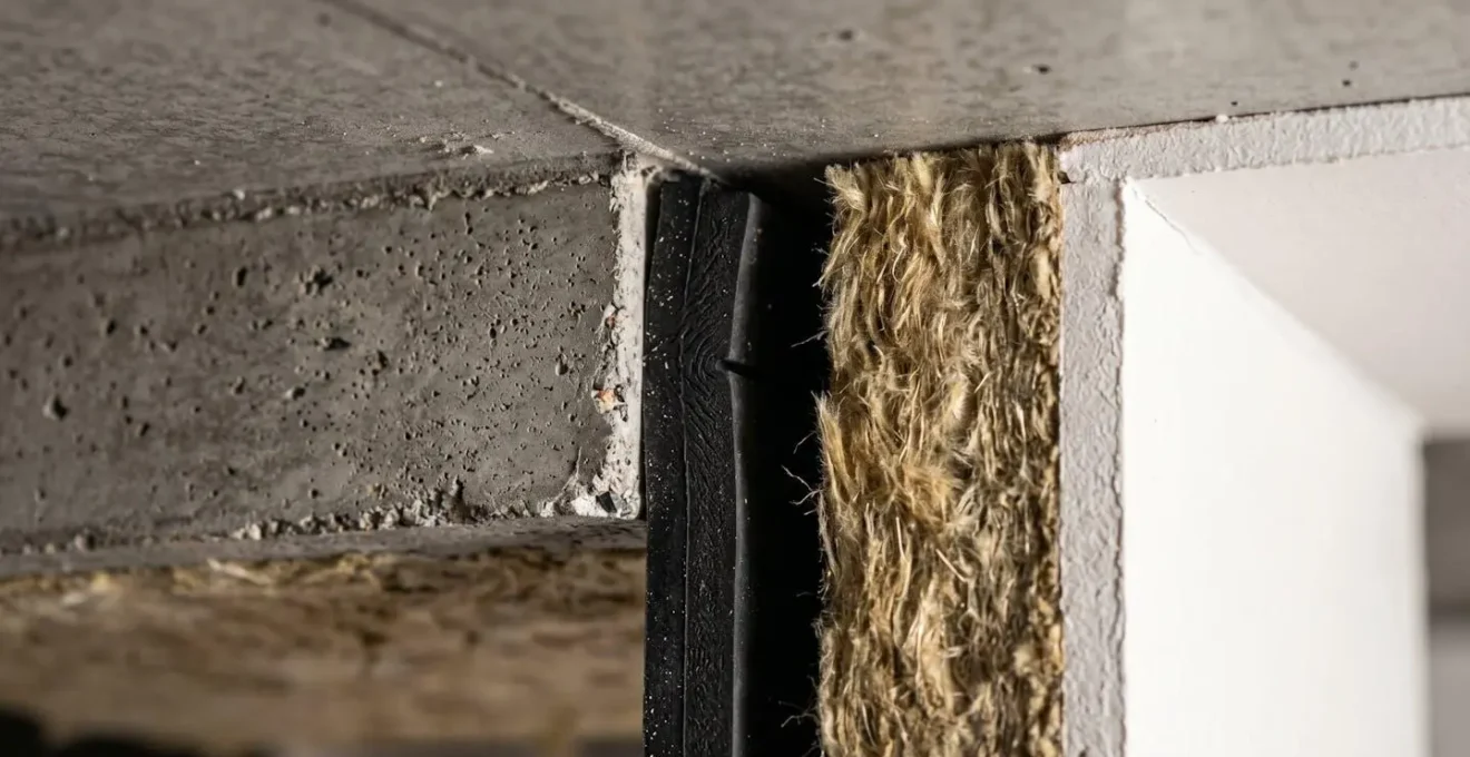 Vue en coupe 3D montrant les chemins de transmission du bruit à travers sol, plafond et murs latéraux