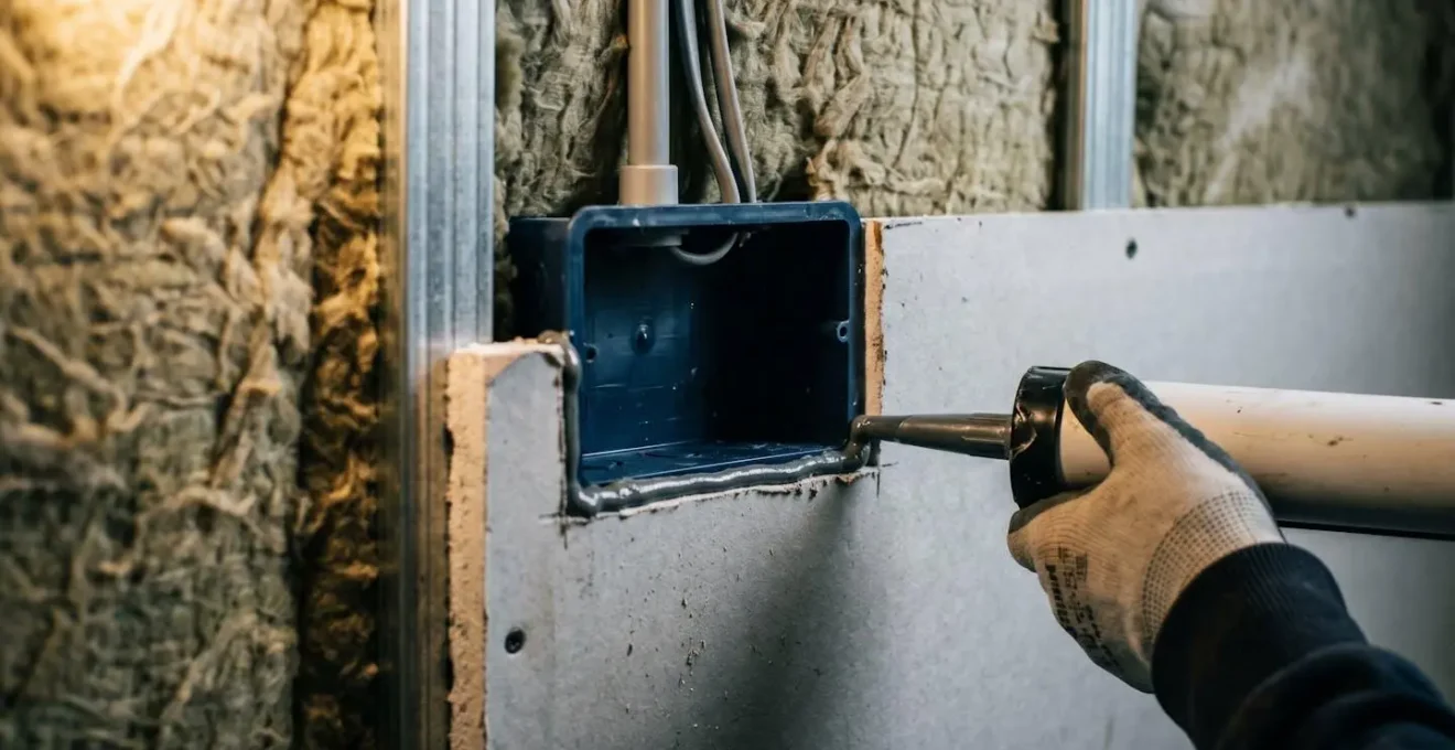 Gros plan sur l'installation d'un boîtier électrique étanche à l'air dans une cloison phonique avec mastic acoustique