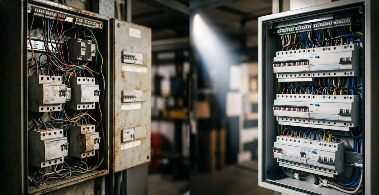 Comparaison visuelle entre une mise en sécurité basique et une mise aux normes complète d'un tableau électrique