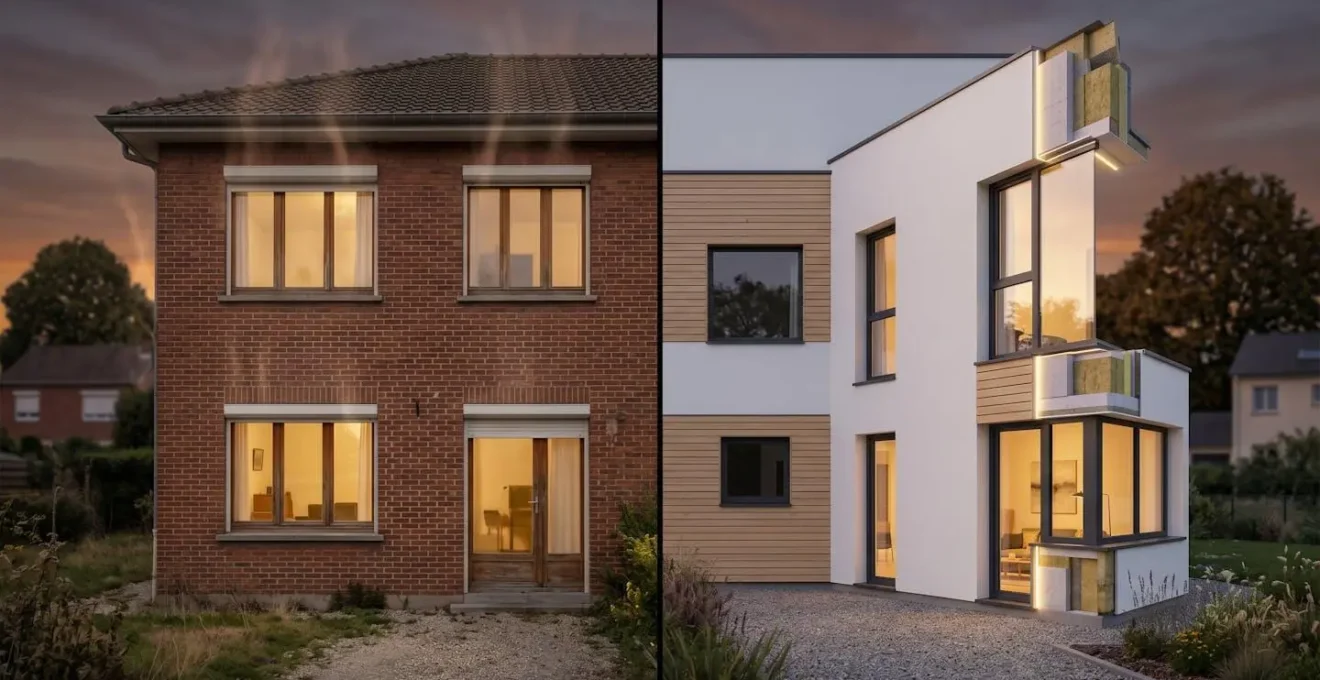 Vue comparative d'une maison ancienne et moderne montrant les différences d'isolation